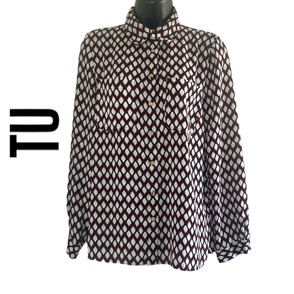 Tu Geometric Print Button Up Long Sleeve Blouse Size 12